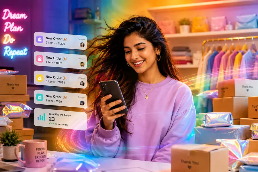 Illustration of a shop owner holding up a phone showing her own website, her lit shop behind her, with text in several Indian languages reading "your business now online".