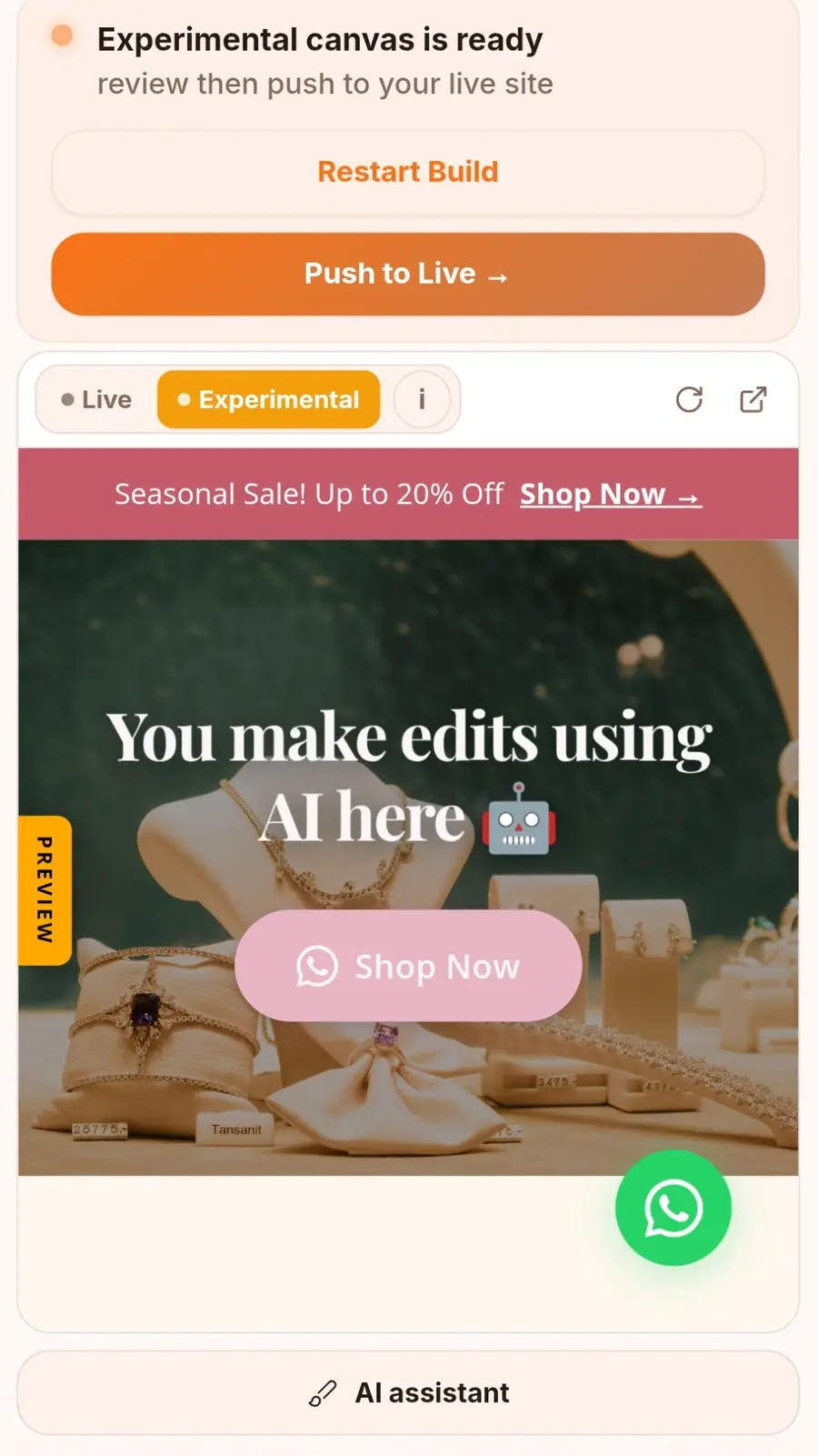 The Hampox editor on the Experimental canvas. A preview of a jewellery shop page, its headline replaced with the words "You make edits using AI here", beside a chat panel offering changes like "Change hero text" and "Update color scheme", with a Push to Live button above it.